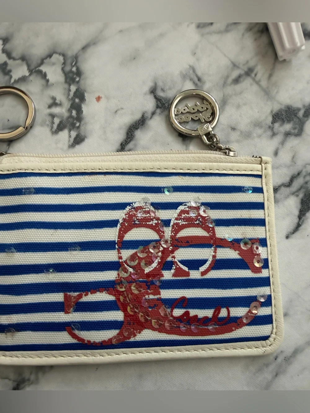 Coach POPPY RARE Blue & White Striped Card Holder WITH SEQUINS